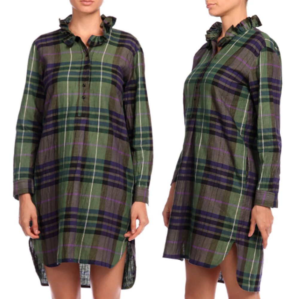SANDRO PARIS GREEN PLAID LONG SLEEVE RUFFLE NECK HI-LOW SHIRT DRESS Size M